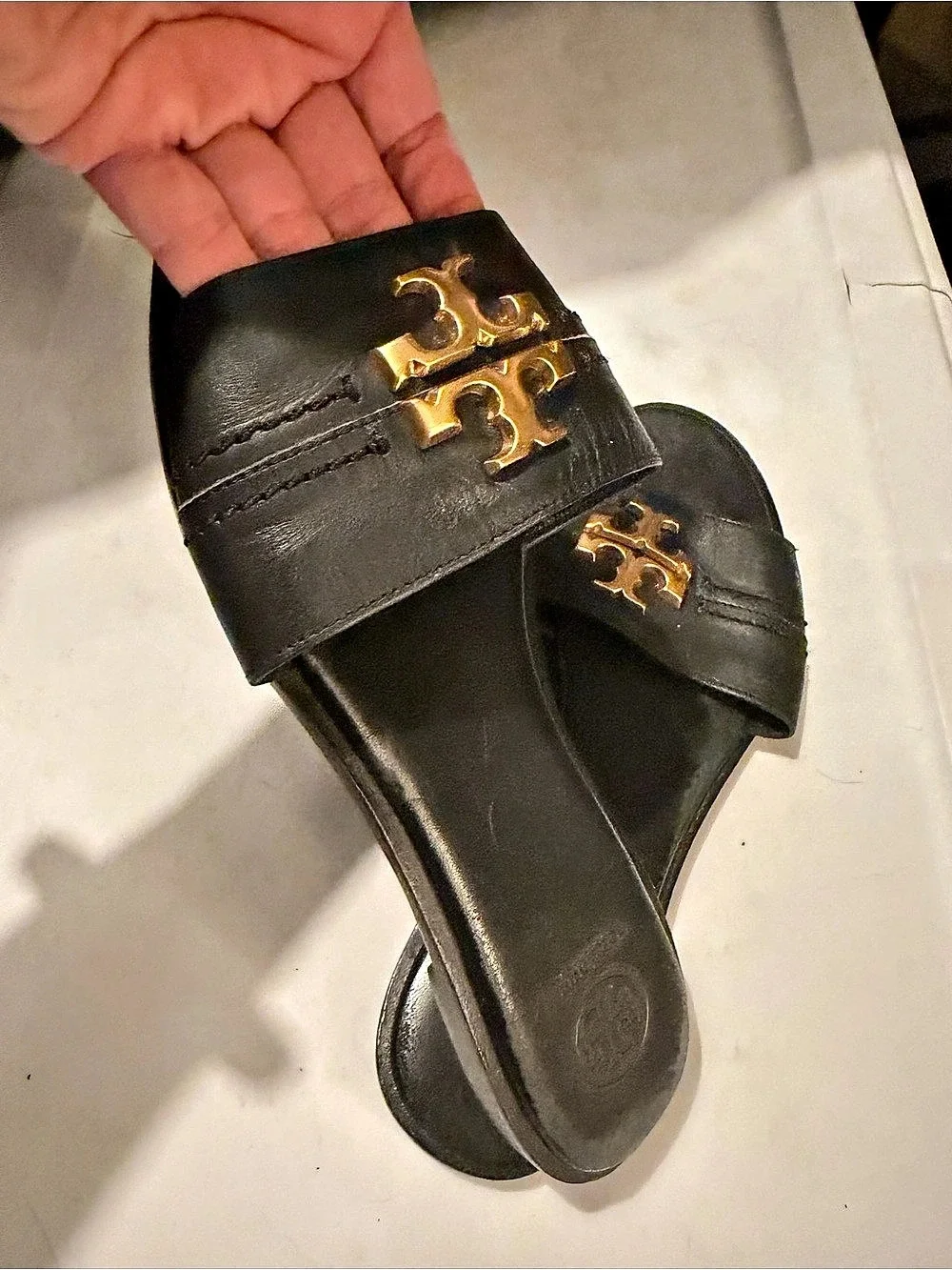 Tory Burch Double T Sport Slide Black Leather Sandals US 8.5